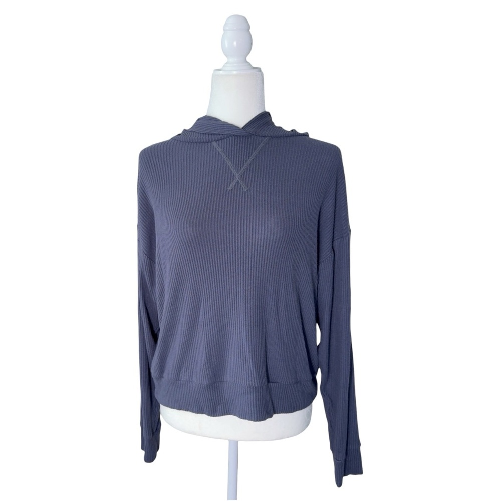 Haven Well Within Ribbed Knit Pullover Hoodie Slate Blue Dusk Cotton Blend Small